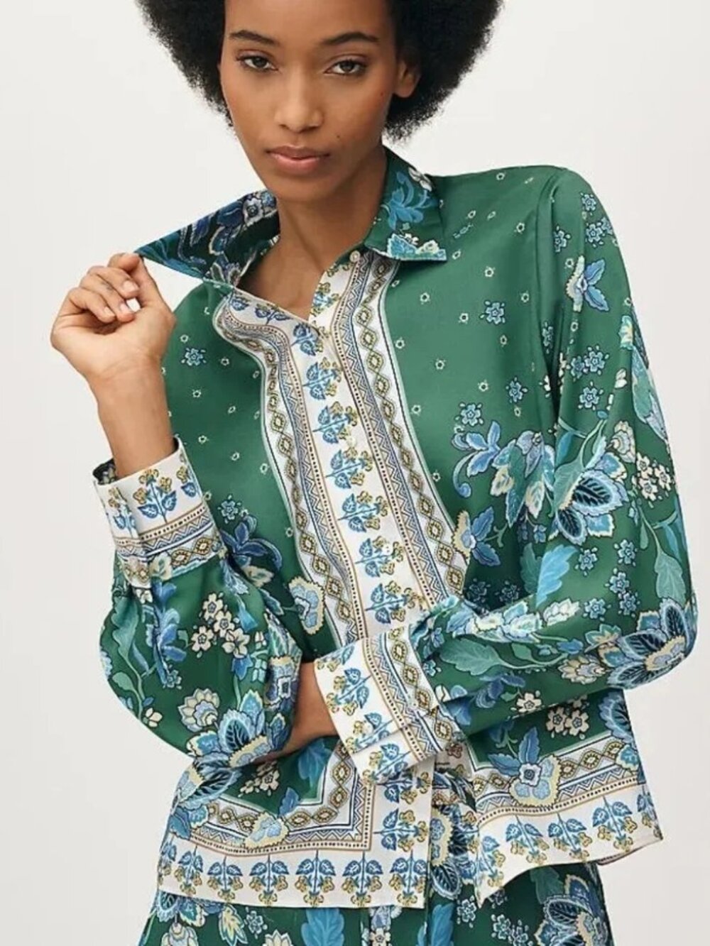 Anthropologie Maeve NEW Satin Long-Sleeve Scarf Blouse In Green Pattern Sz S